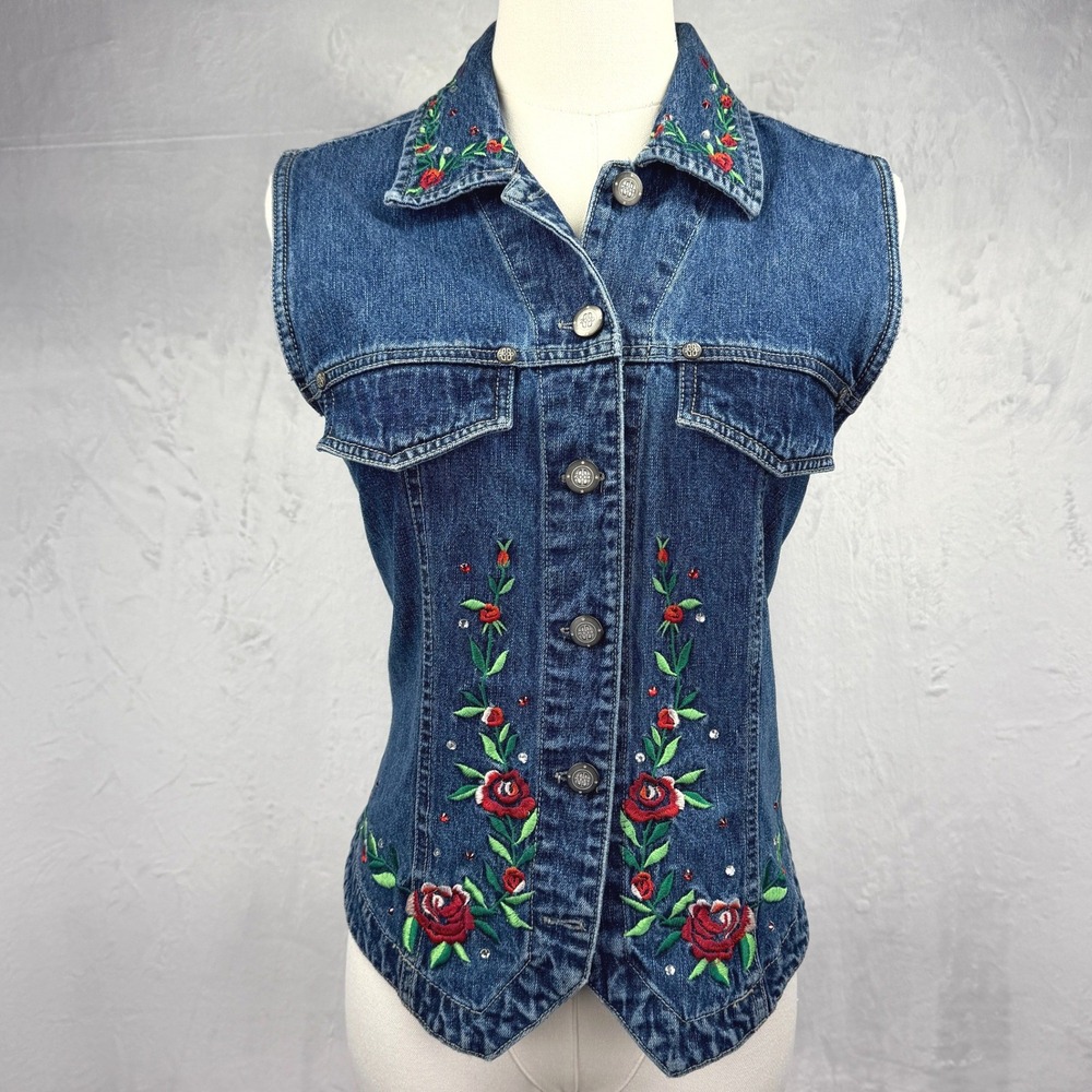 Vintage Embroidered Floral Denim Vest Festival Fairy Grunge Western Boho Size S
